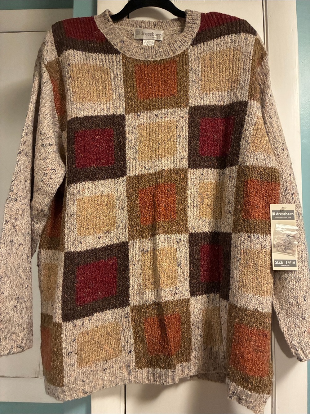 Dressbarn Women's Multi-Color Cozy Checker Sweater - Tan/Burgundy 14/16